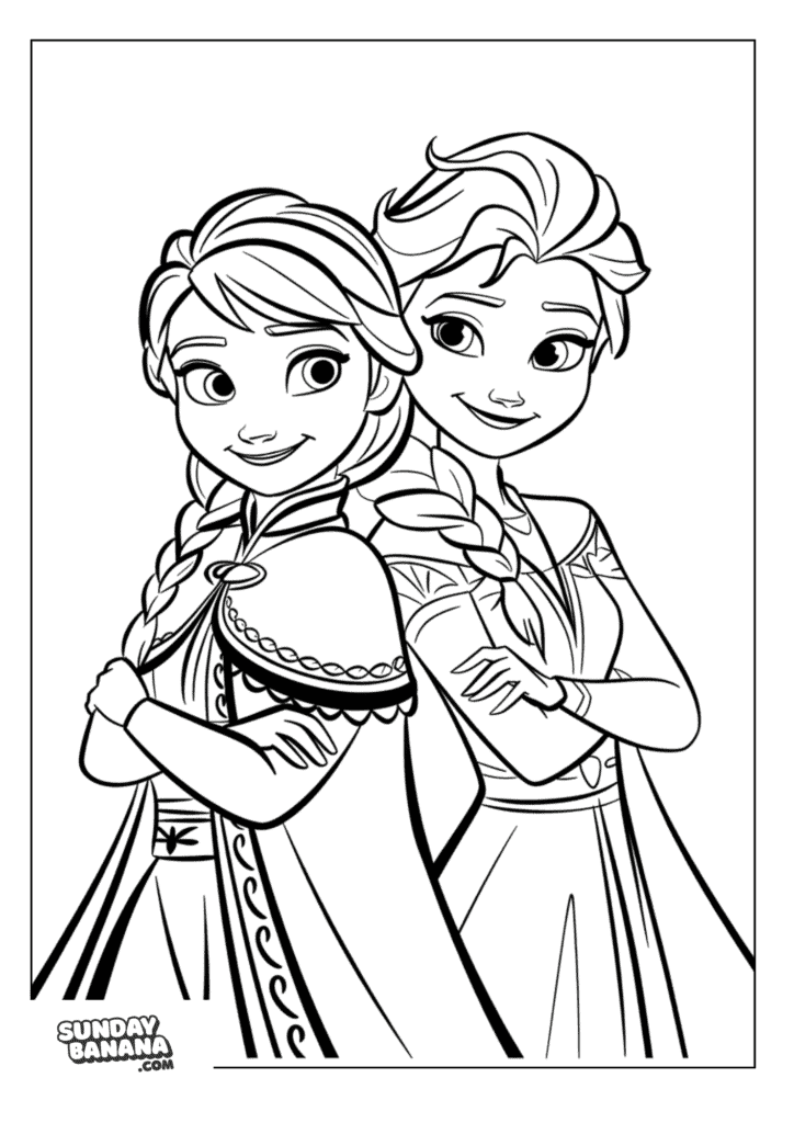 Princess Anna and Queen Elsa Leaning on each other portrait Disney Frozen coloring page
