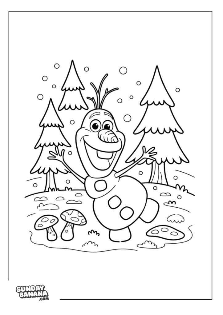 Happy Olaf the snowman in cute frozen forest with snow and mushrooms Disney Frozen coloring page