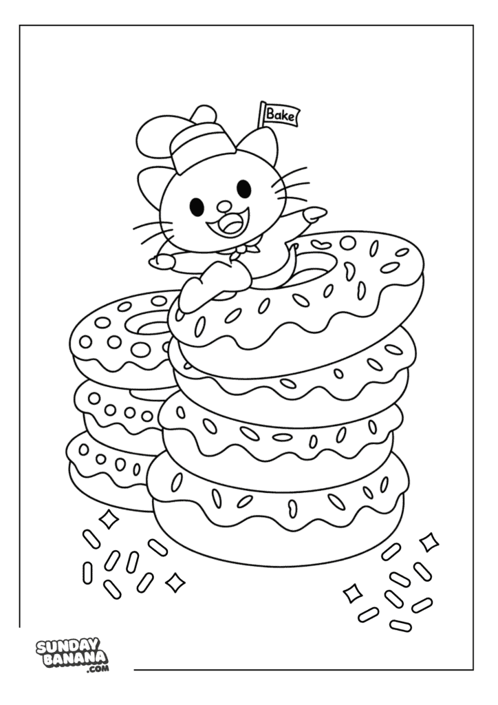 Chococat atop a stack of donuts with sprinkles Hello Kitty coloring page
