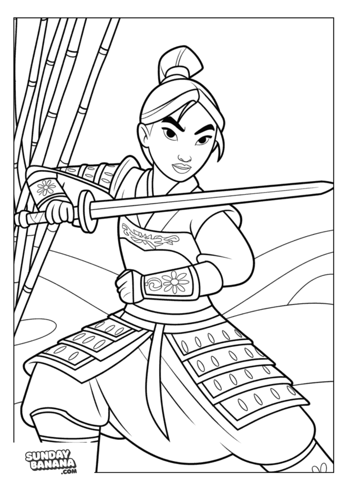 Disney's Princess Mulan wearing Armor and sword in fighting stance