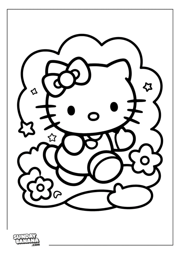 Hello Kitty with clouds and flowers coloring page for kids