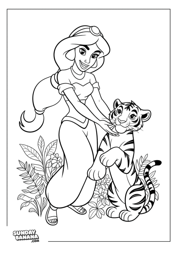 Disney's Princess Jasmine playing with Rajah the tiger