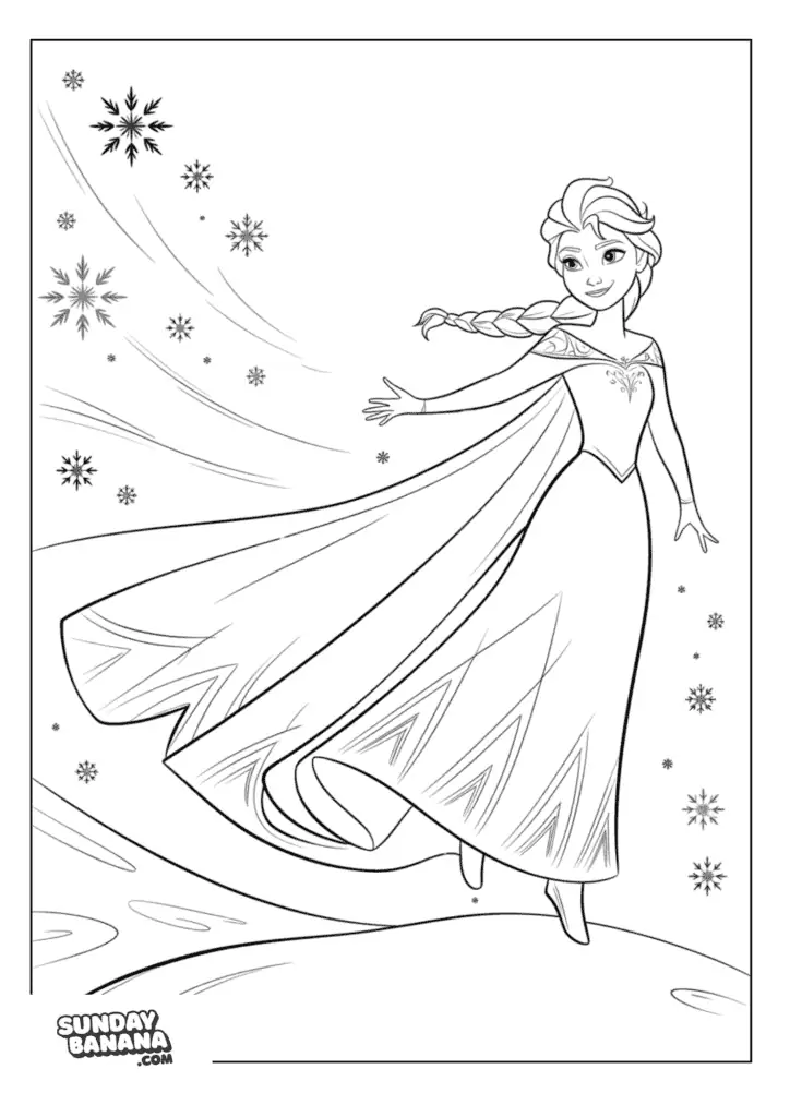 Queen Elsa Floating with Beautiful Gown around Magical snowflakes Disney Frozen coloring page
