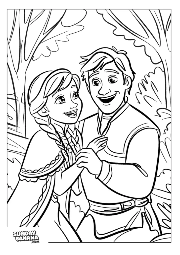 Princess Anna and Kristoff Holding hands laughing together with Forest background Disney Frozen coloring page