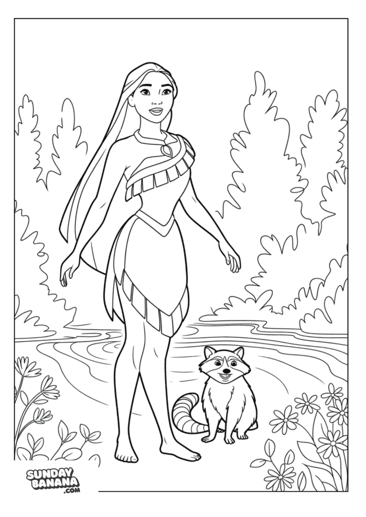 Disney's Pocahontas standing next to raccoon with forest background coloring page