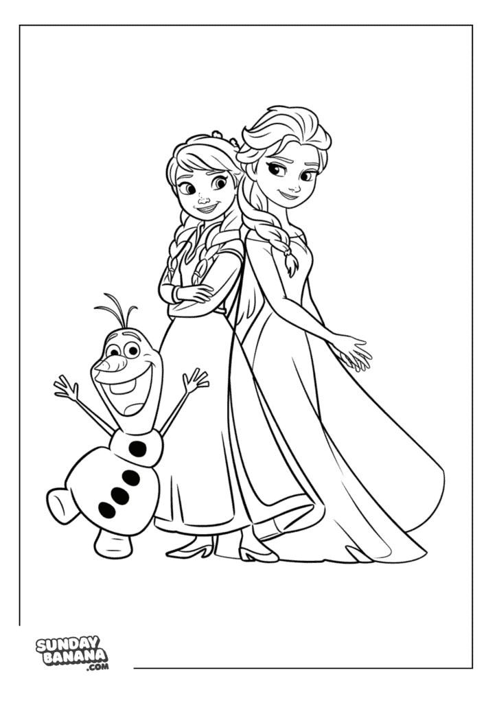 Princess Anna, Queen Elsa and Olaf full body Group Pose Disney Frozen coloring page