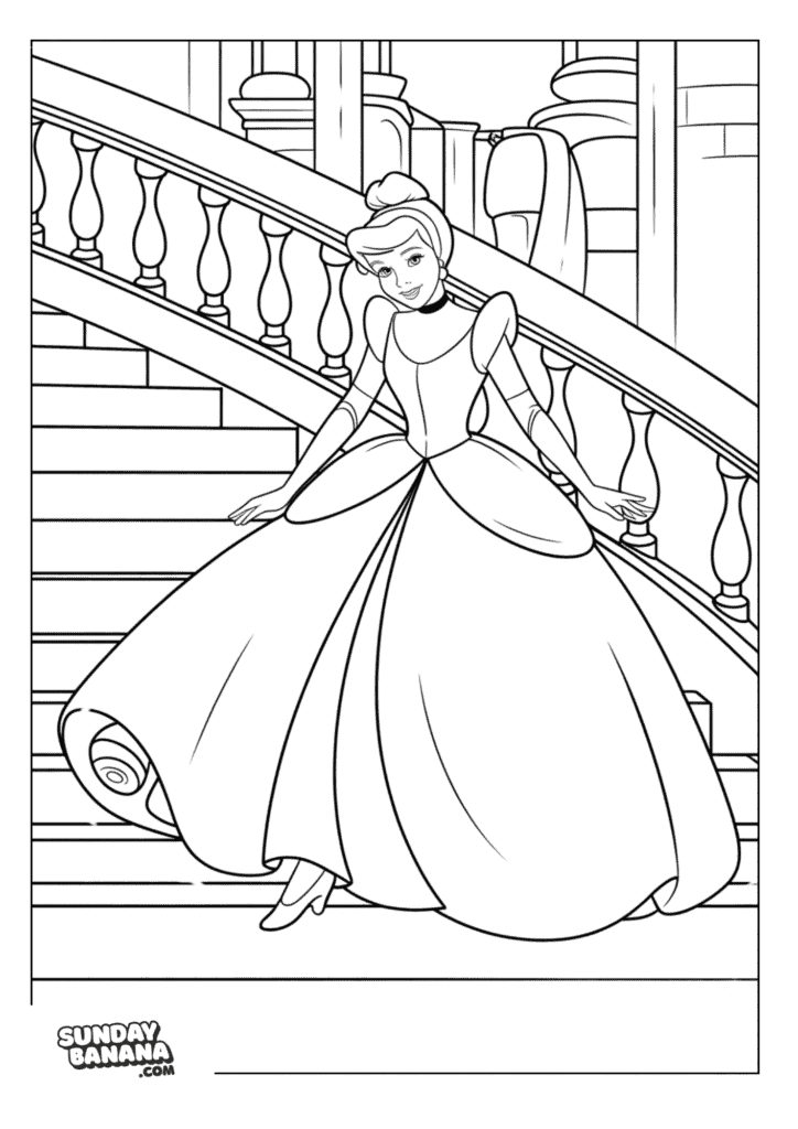 Princess Cinderella Wearing Gown Walking Down the Stairs Coloring Page