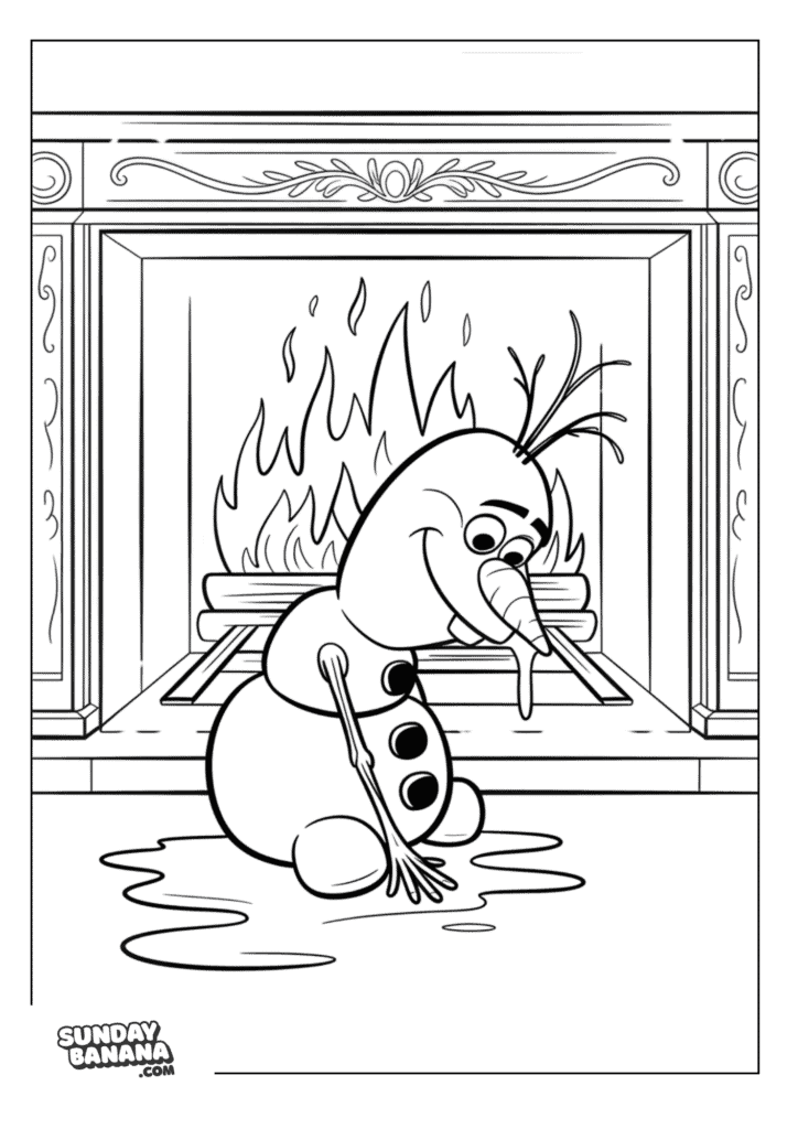 Olaf melting sitting in front of fireplace Disney Frozen coloring page
