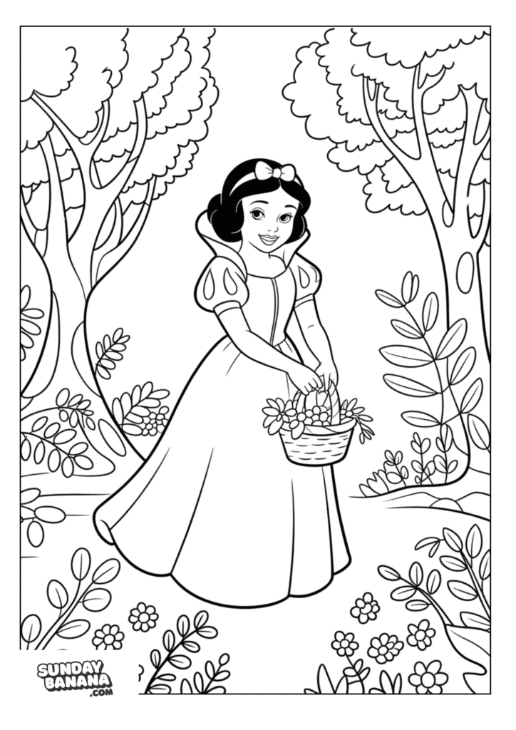 Snow White Holding Basket of Berries in Enchanted Forest Coloring Page