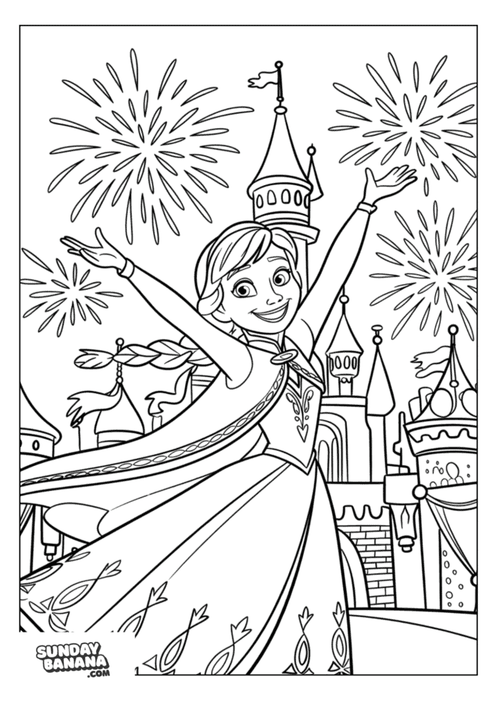 Princess Anna celebrating with hands up with fireworks and castle behind her Disney Frozen coloring page