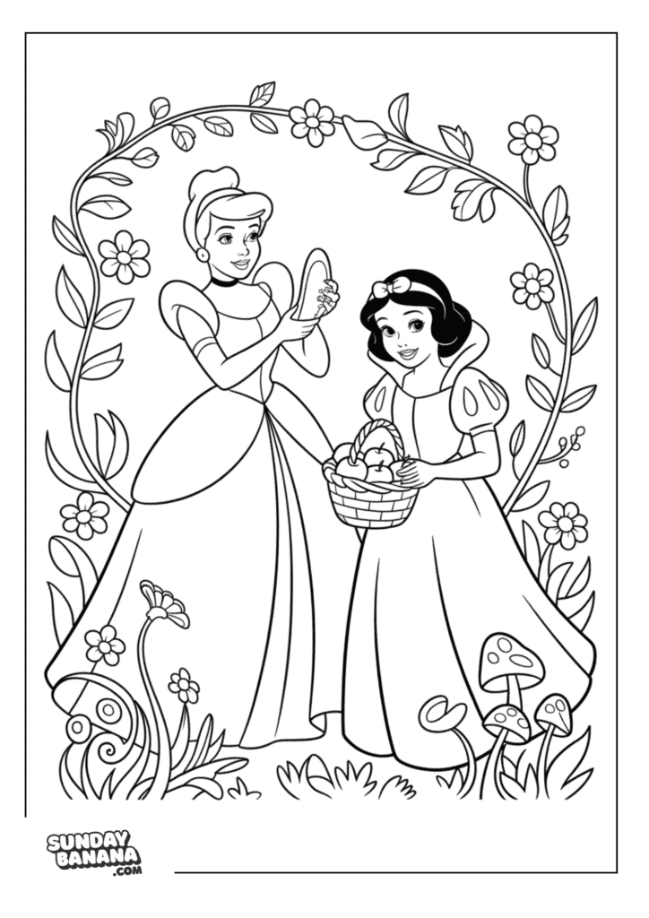 Cinderella Holding Glass Slipper and Snow White Holding  a Basket of Apples surrounded by Vine Flowers and Mushrooms Coloring Page 