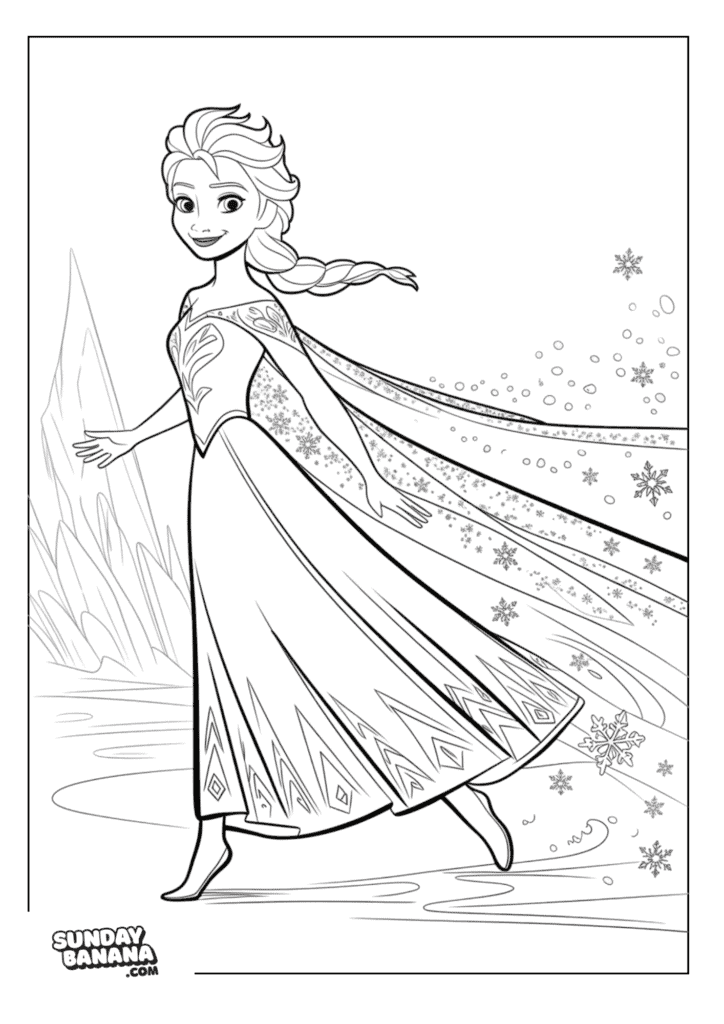 Queen Elsa wearing beautiful flowy dress with snowflake trail Disney Frozen coloring page