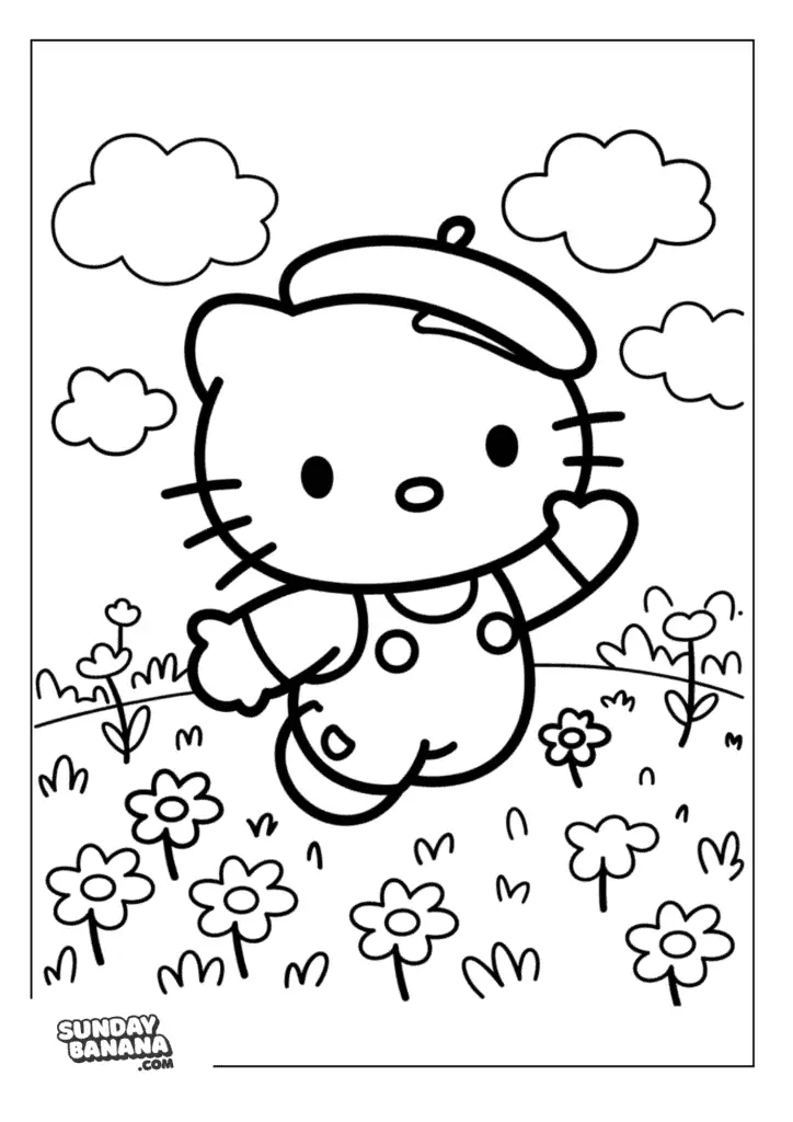 Dear Daniel wearing a beret jumping in a flower filled meadow Hello Kitty coloring page