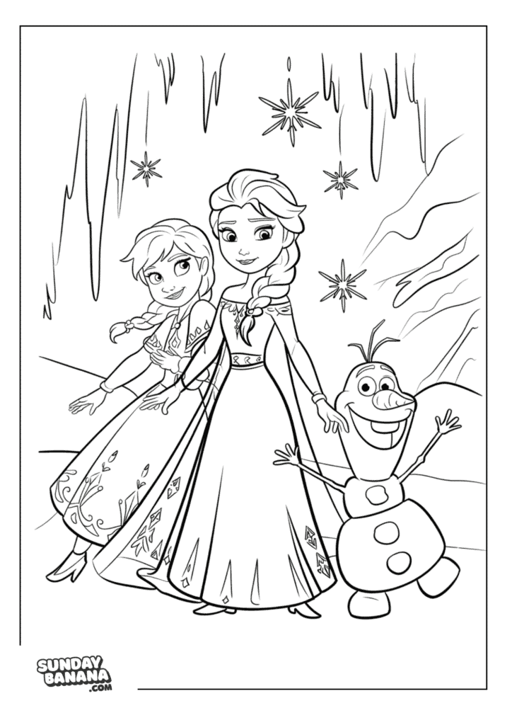 Princess Anna, Queen Elsa and Olaf in frosty ice cave Disney Frozen coloring page