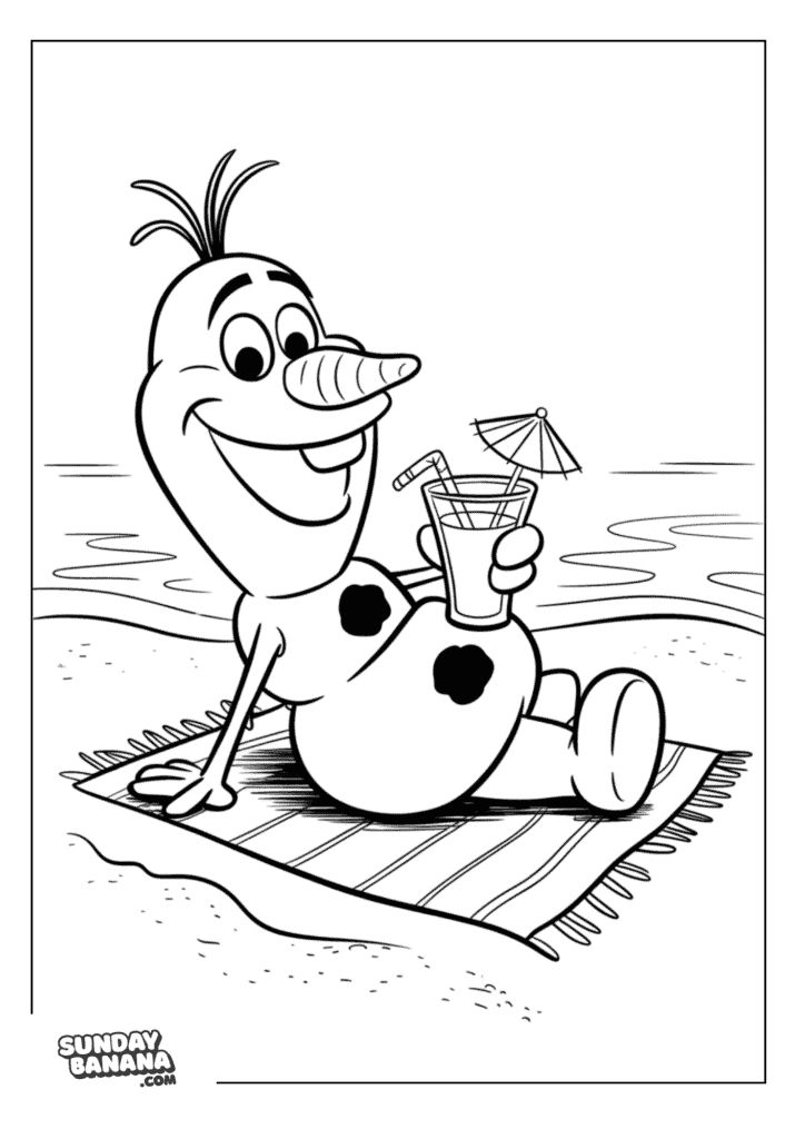 Olaf relaxing by the beach with mocktail with little umbrella in hand Disney Frozen coloring page