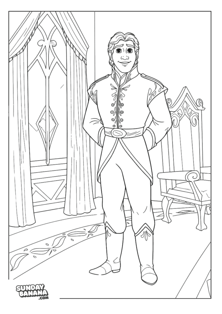 Prince Hans in formal wear in his ornate room Disney Frozen coloring page