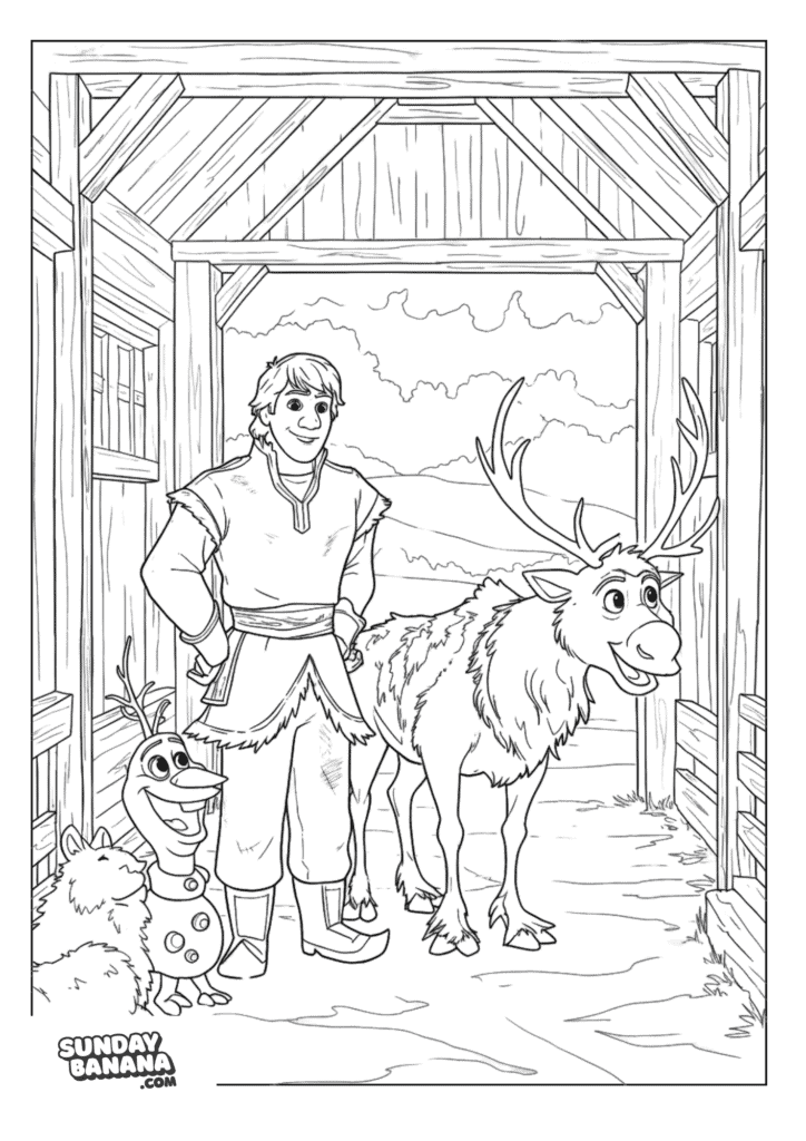 Kristoff, Sven and Olaf inside a Barn Disney Frozen Coloring page