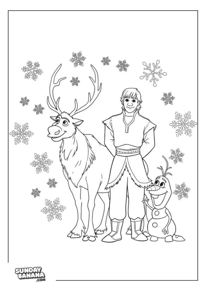 Sven, Kristoff and Olaf surrounded by pretty snowflakes Disney Frozen coloring page