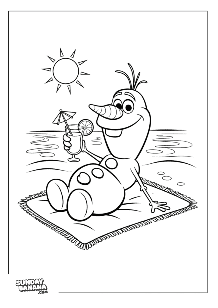 Olaf sitting on a blanket on the beach with sun above holding a cup of juice with little umbrella Disney Frozen coloring page