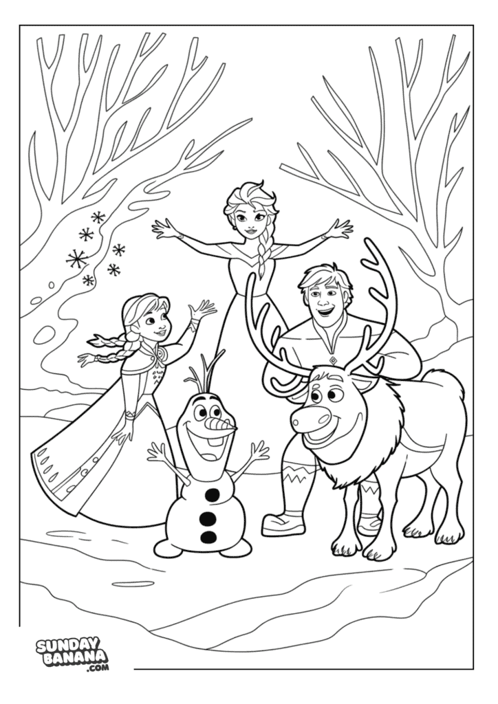 Queen Elsa, Princess Anna, Kristoff, Sven and Olaf in snowy forest Disney Frozen coloring page for kids