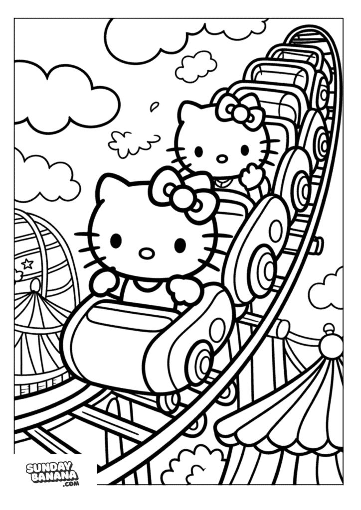 Hello Kitty and Jewelpet sitting on rollercoaster ride coloring page