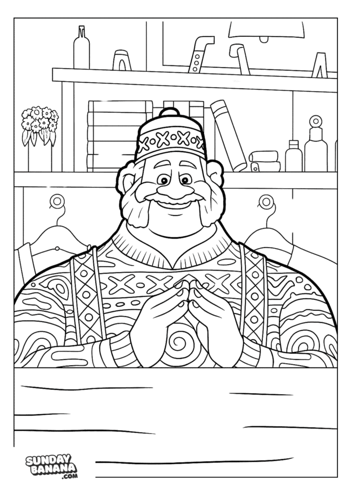 Oaken character with fingers together wearing intricate design sweater and hat with shop products background Disney Frozen coloring page for kids and adults