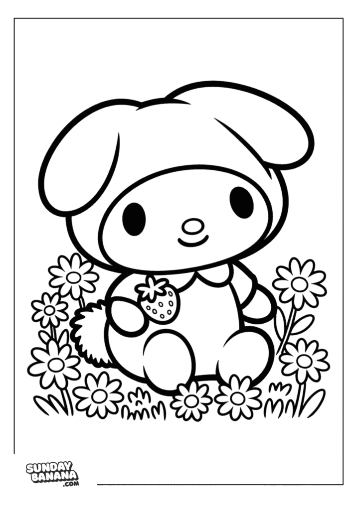 My Melody sitting around flowers and holding a strawberry Hello Kitty coloring page