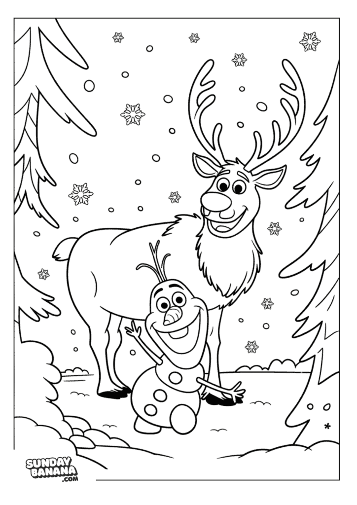 Olaf and Sven laughing happy in snowy forest with snowflakes falling Disney Frozen coloring page for kids and adults