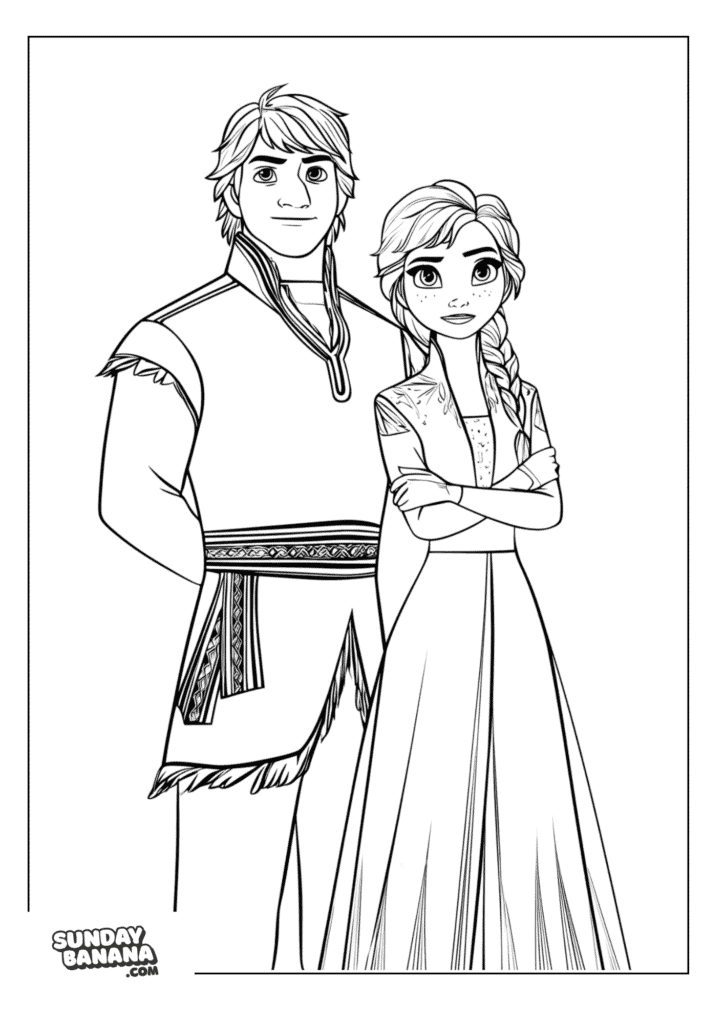 Portrait pose of Kristoff and Princess Anna Disney Frozen coloring page