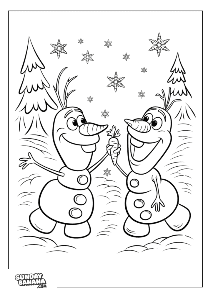 Two Olafs grabbing onto a carrot in trees background and snowflakes falling Disney Frozen coloring page for kids and adults