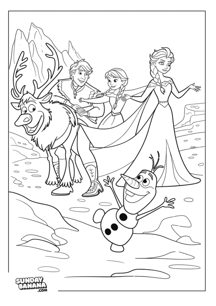 Kristoff, Princess Anna, Queen Elsa, Sven and Olaf group play in snowy mountains Disney Frozen coloring page for kids and adults