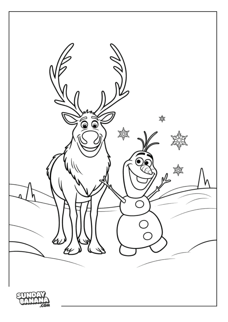 Sven and Olaf Standing Next to each other smiling Disney Frozen coloring page for kids