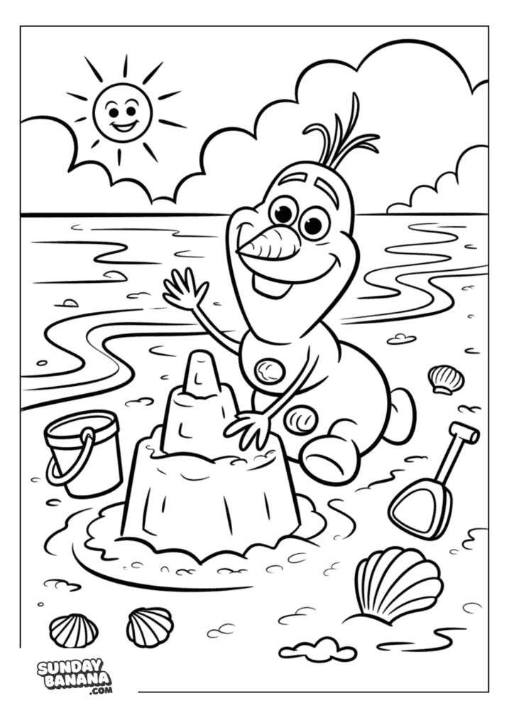 Olaf building sandcastle by the sunny beach with seashells, bucket and sand shovel Disney Frozen coloring page