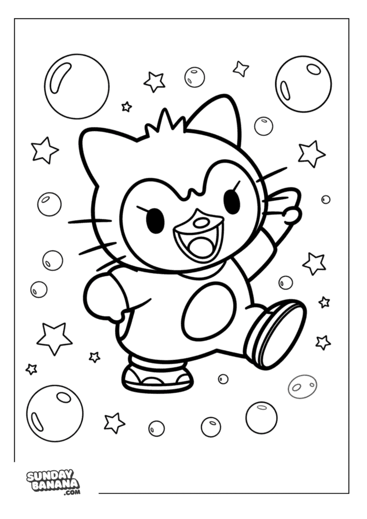 Badtz-Maru having fun surrounded by bubbles and stars Hello Kitty coloring page