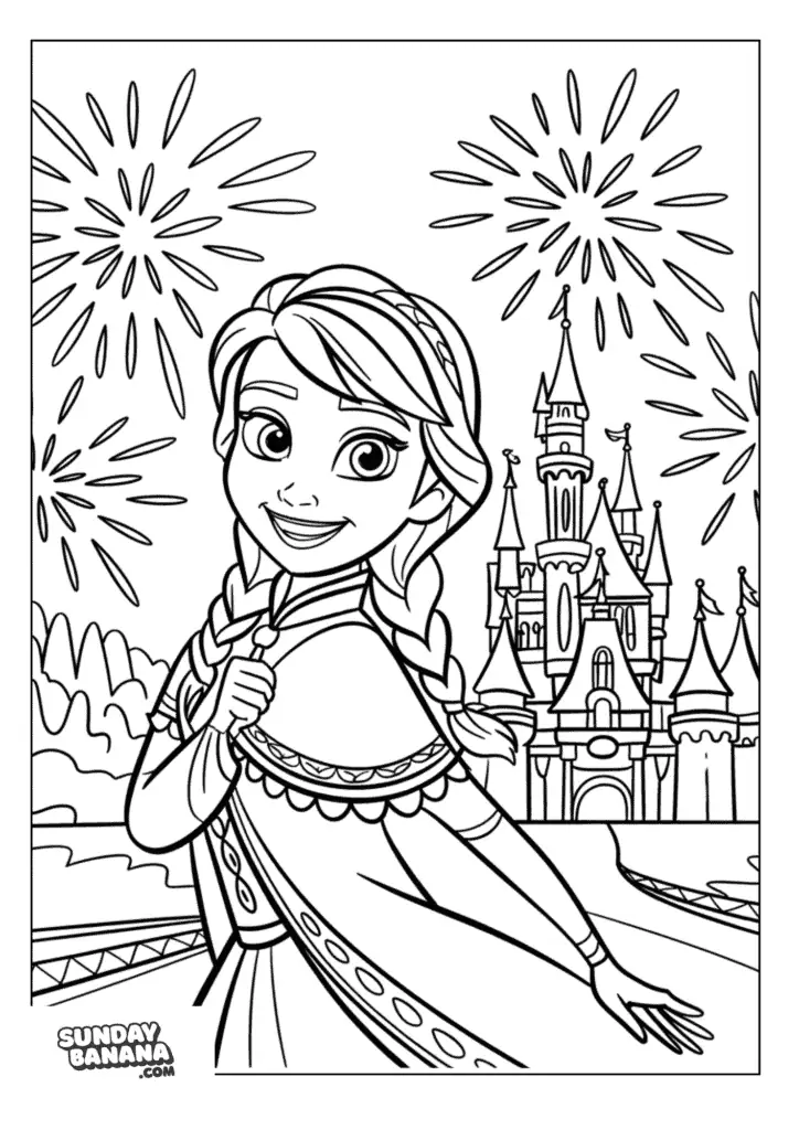 Princess Anna happy in front of Castle with fireworks overhead Disney Frozen coloring page