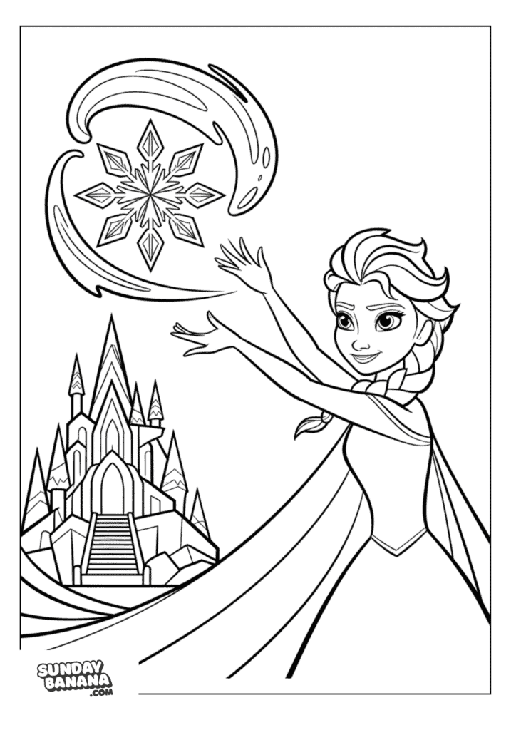 Queen Elsa making magic snowflake swirl with castle background Disney Frozen coloring page