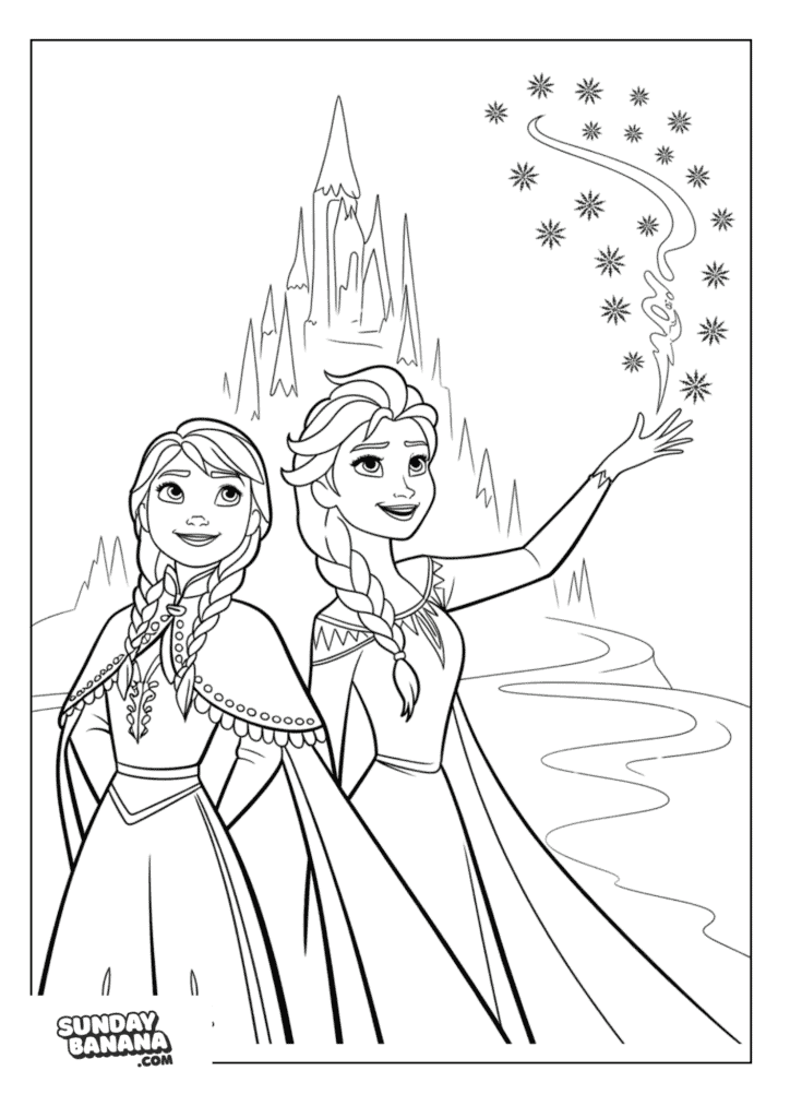 Princess Anna and Queen Elsa waving magic frosty swirls with castle in the background Disney Frozen coloring page