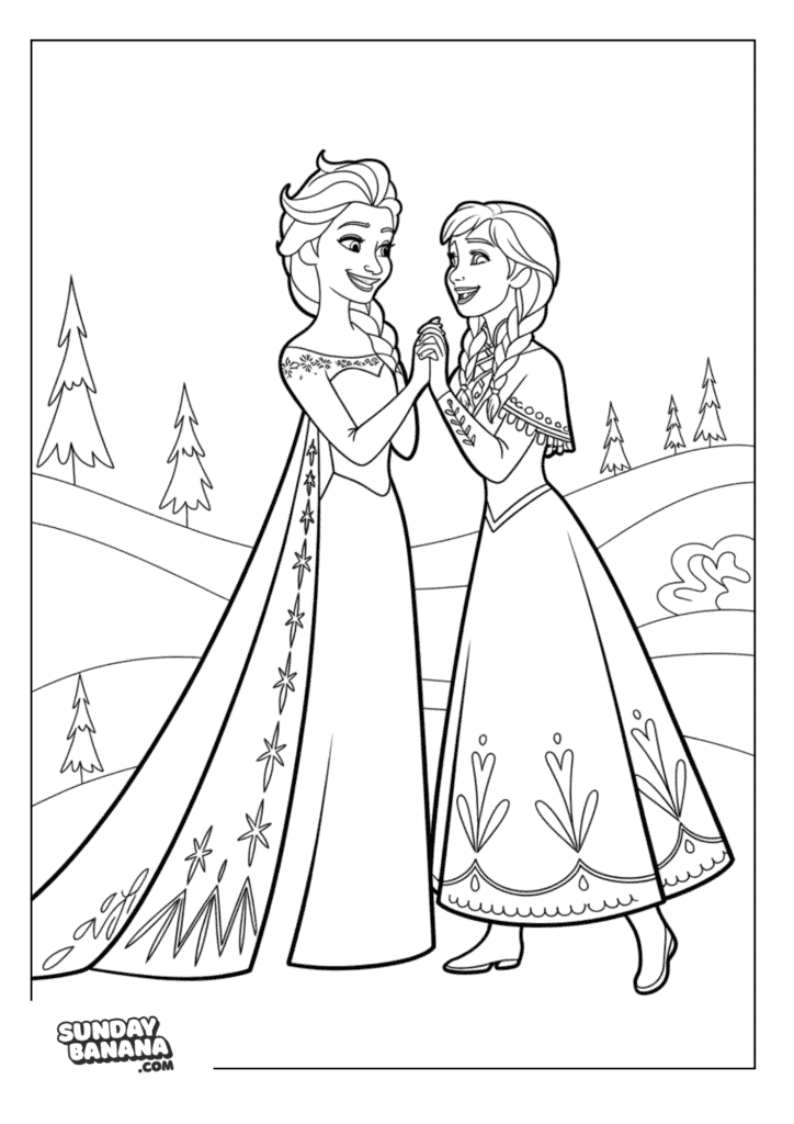 Queen Elsa and Princess Anna giggling together Disney Frozen coloring page