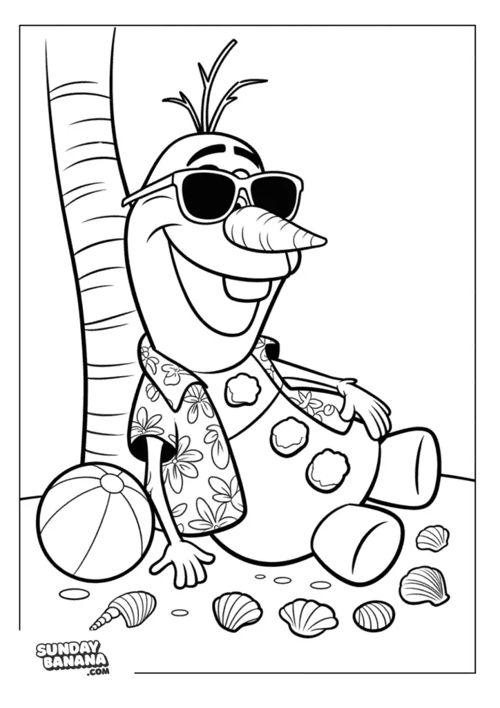 Olaf wearing sunglasses leaning on a coconut tree by the beach with seashells and a beach ball next to him Disney Frozen coloring page