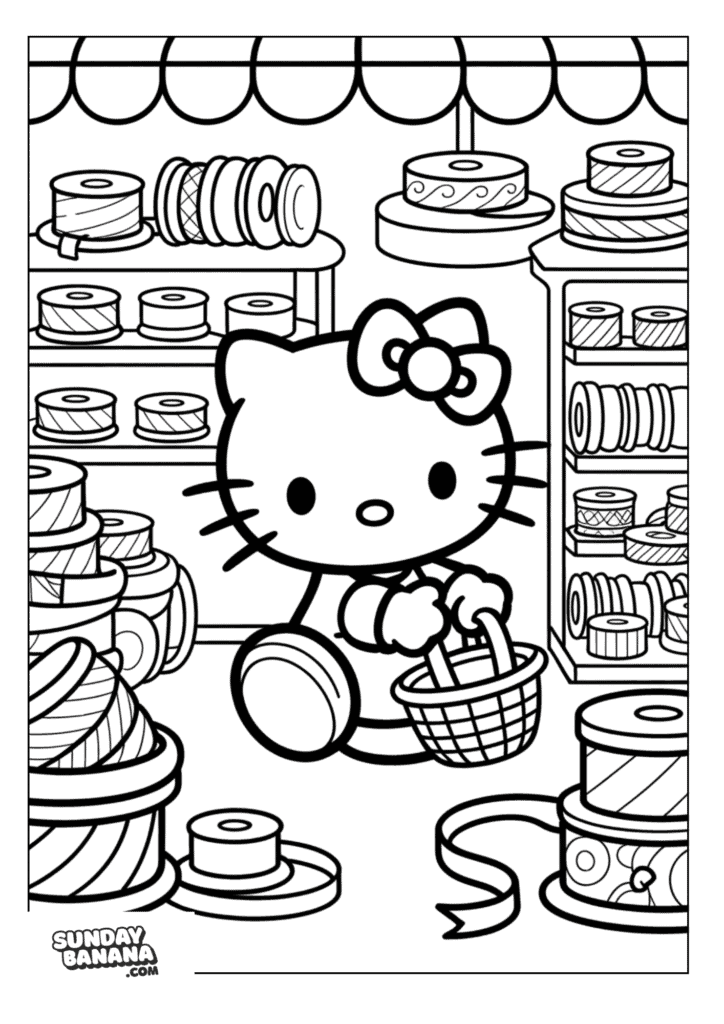 Hello Kitty holding a basket in a store shopping for ribbons coloring page
