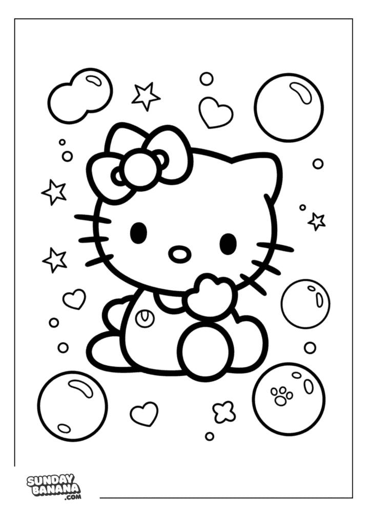 Hello Kitty with bubbles, stars and hearts around her coloring page