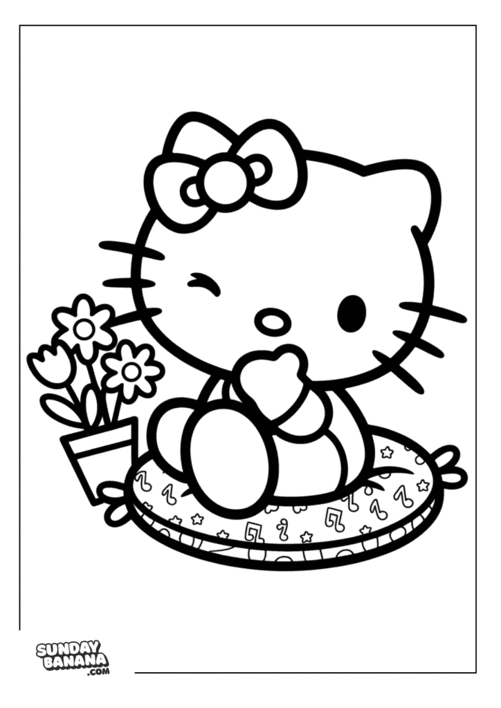 Hello Kitty winking sitting on a cushion pillow next to a pot of flowers coloring page