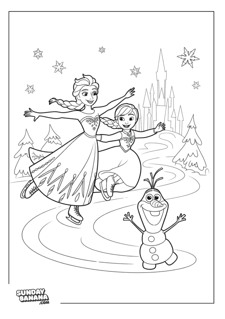 Queen Elsa, Princess Anna and Olaf ice skating with arms wide open with castle background Disney Frozen coloring page