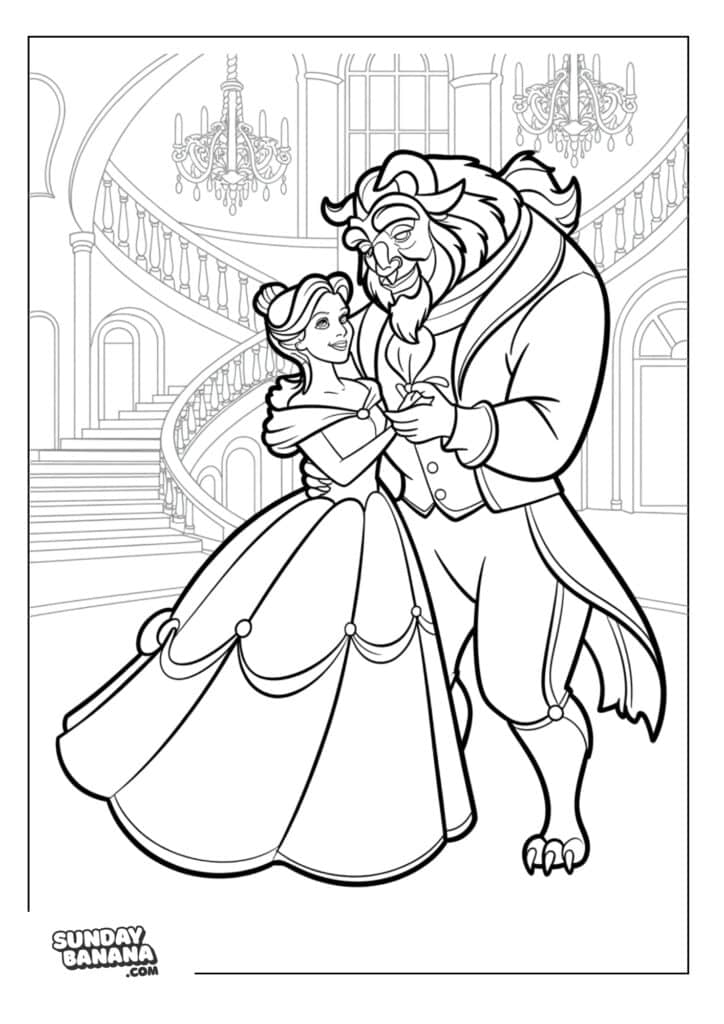 Belle and Beast dancing in ball attire in the castle with chandeliers and curving staircase as background coloring page