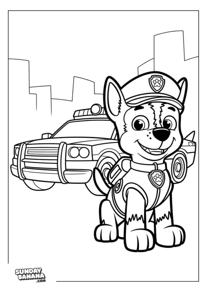Chase sitting in front of police cruiser Paw Patrol coloring page for kids