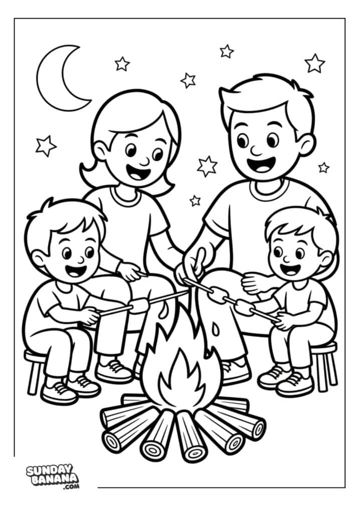 Family making smores over campfire under night sky camping coloring page