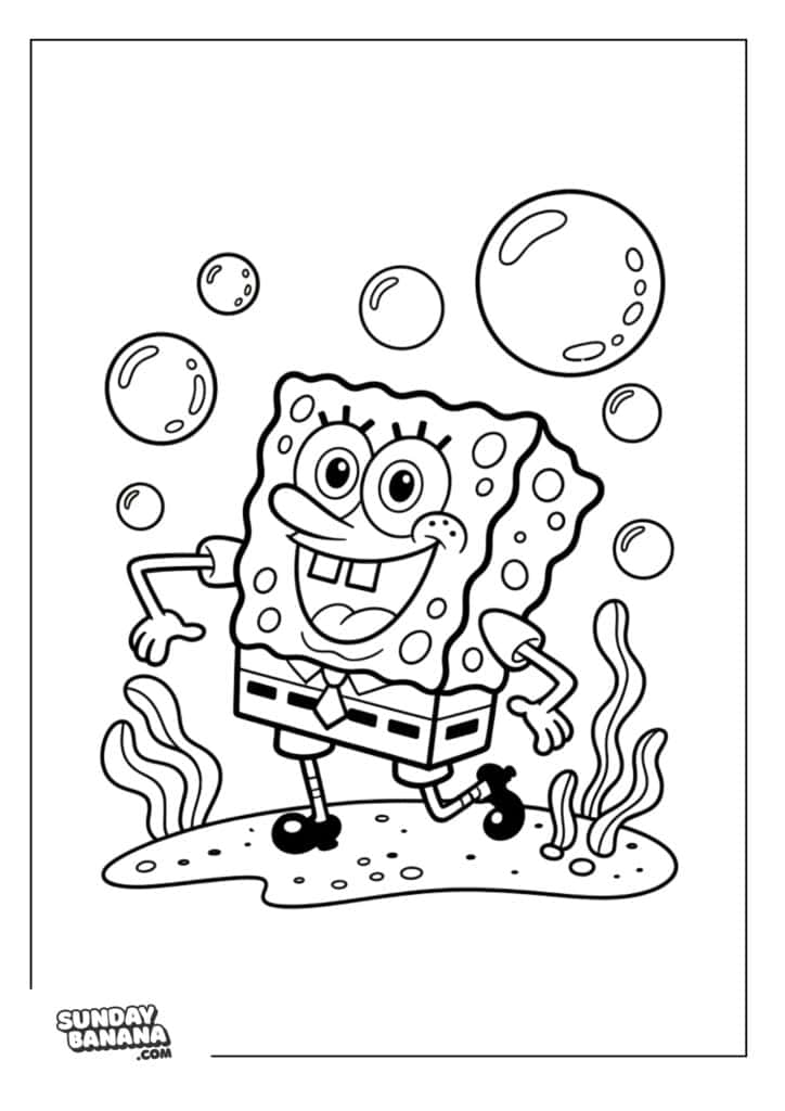 Happy Spongebob around bubbles coloring page
