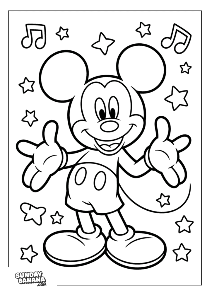 Mickey Mouse smiling with arms wide open. Music notes and stars surround him Mickey Mouse coloring page