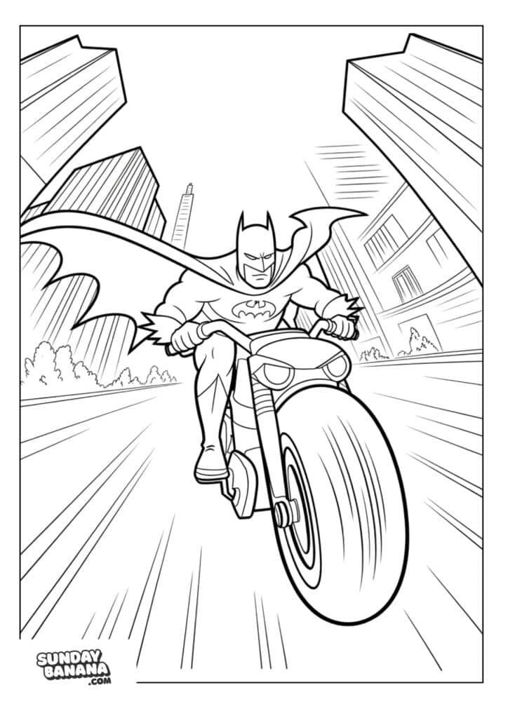 Riding batcycle through Gotham City Batman coloring page