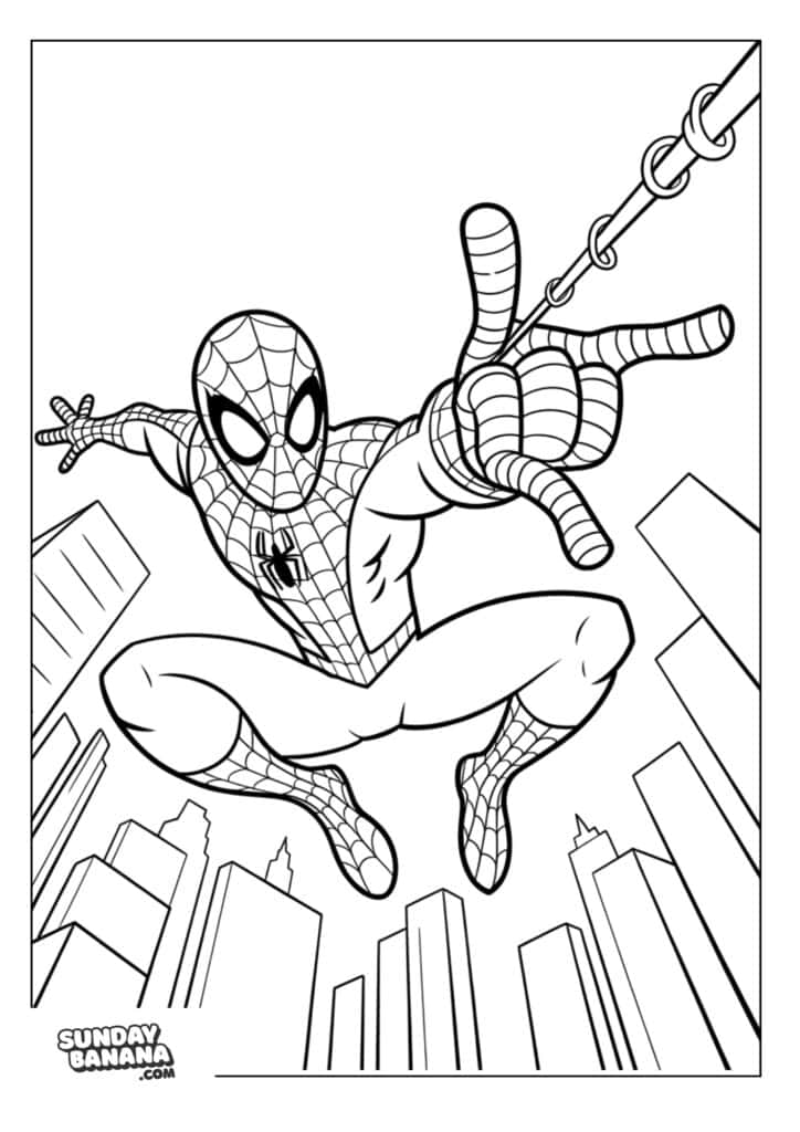 Spiderman shooting web coloring page for kids